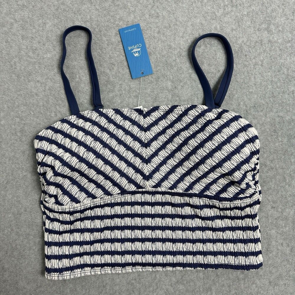 CUPSHE Smocked Bikini Top Womens Medium Blue White Striped Chevron Swimwear NWT